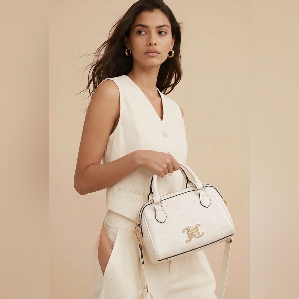 JUICY COUTURE Monogram/Gold White Satchel Bag With Bonus Mini Bag NWT - Picture 2 of 14